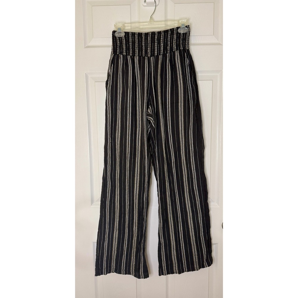 Billabong Wide Leg Pants Women Large Black White Striped Smocked Boho Coastal